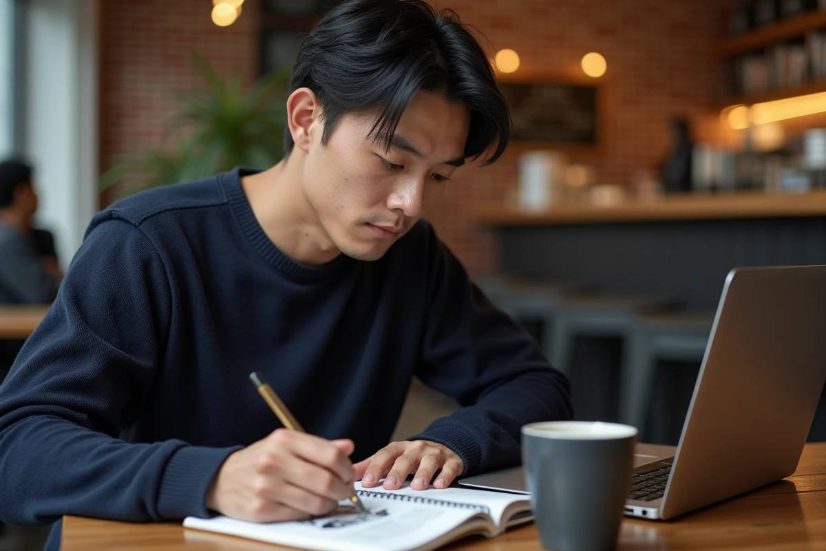 Homme prenant des notes sur le manga docteur Elise dans un café avec des chapitres imprimés et un ordinateur portable