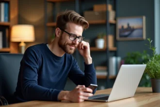 Homme d'affaires vérifiant ses gains en cryptomonnaie sur son ordinateur