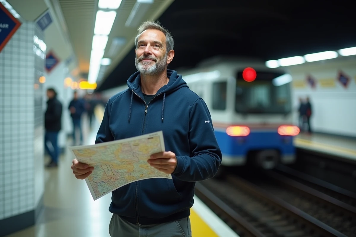 Homme tenant un plan de ligne métro Paris imprimé sur un quai de station