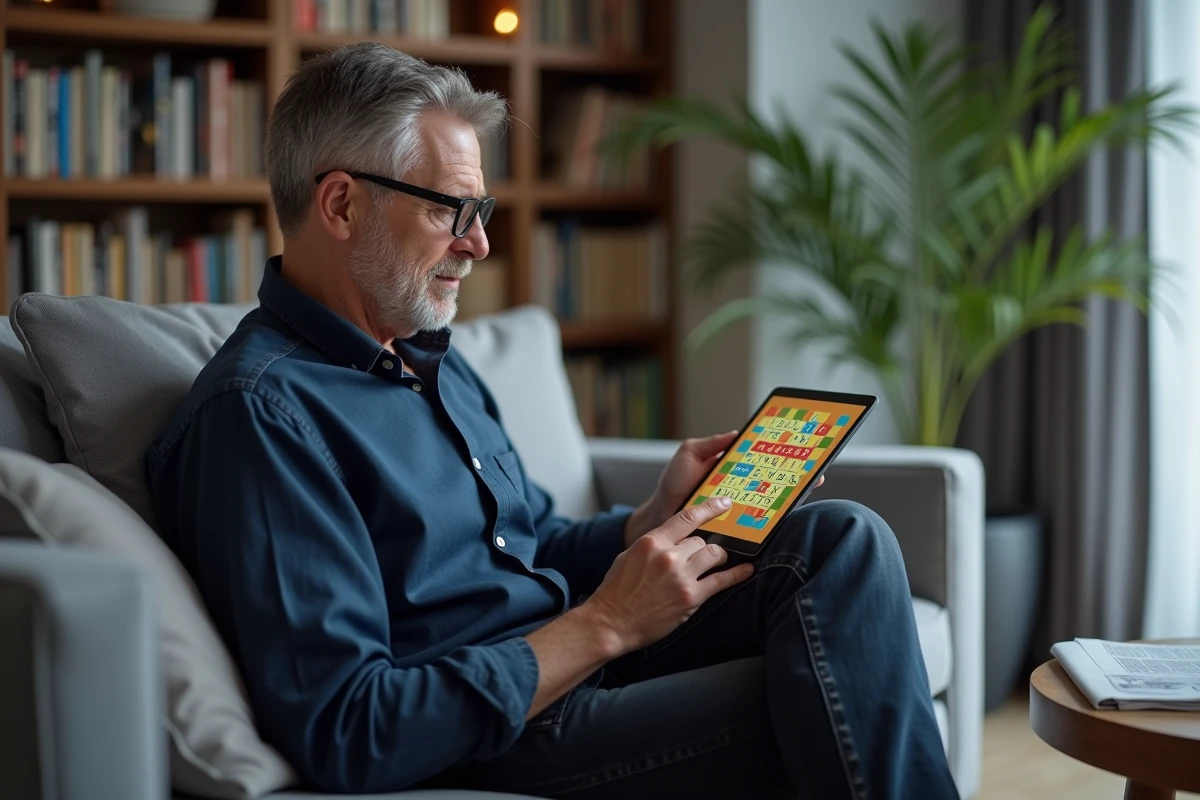 Homme résolvant un puzzle de mots sur tablette assis dans un salon confortable
