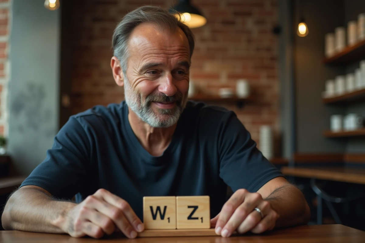 Homme réfléchissant à ses tuiles Scrabble avec les lettres W et Z dans un café