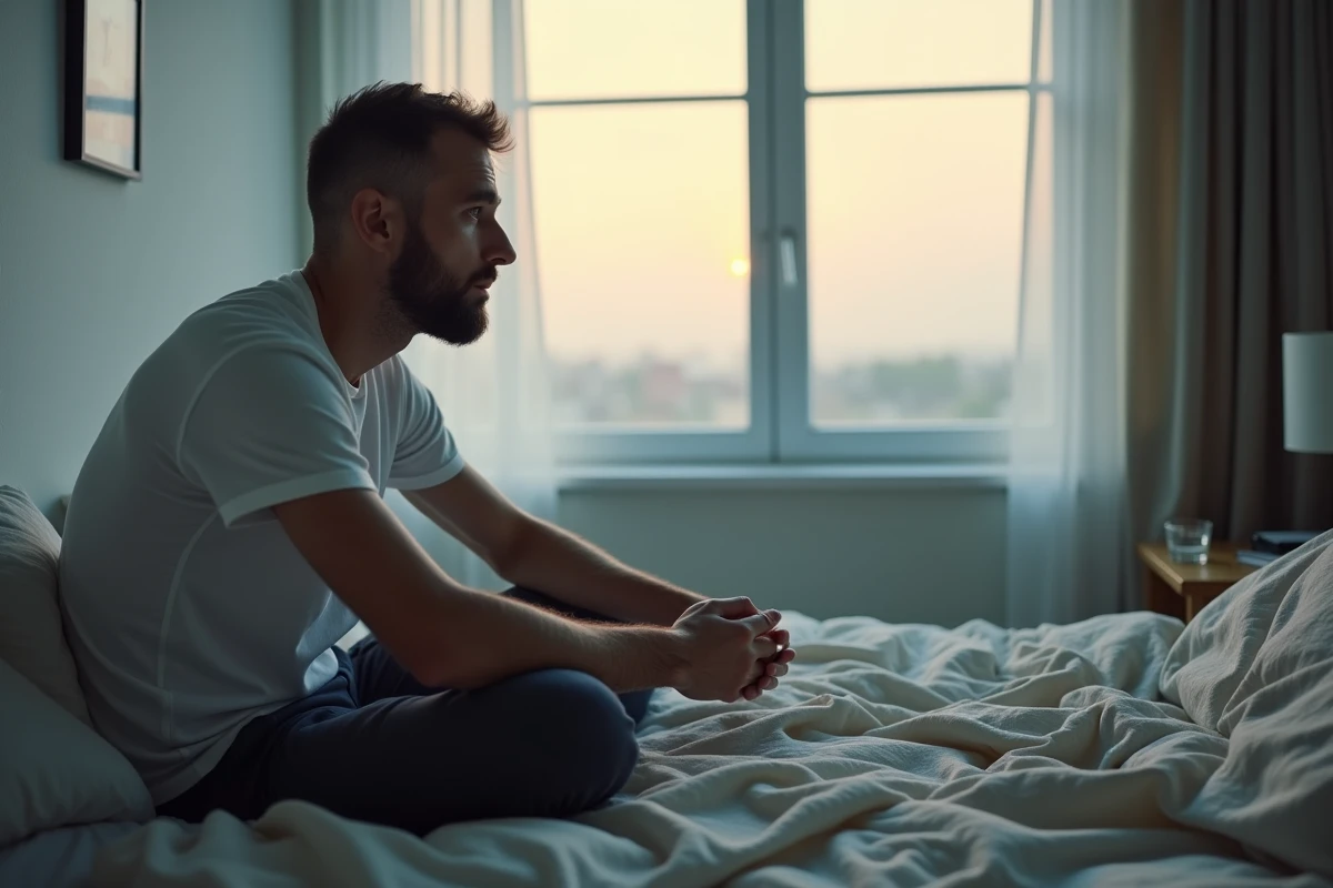 Homme pensif au bord du lit contemplant l'aube, évoquant la prise de conscience émotionnelle et la signification spirituelle de 05h55 en amour