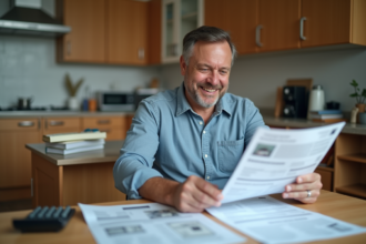 Homme d'âge moyen vérifiant factures de rénovation dans sa cuisine