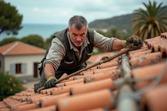 Homme en tenue de travail sur un toit en tuiles en terre cuite