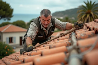 Homme en tenue de travail sur un toit en tuiles en terre cuite