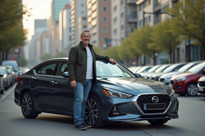Homme souriant avec sa voiture moderne en ville