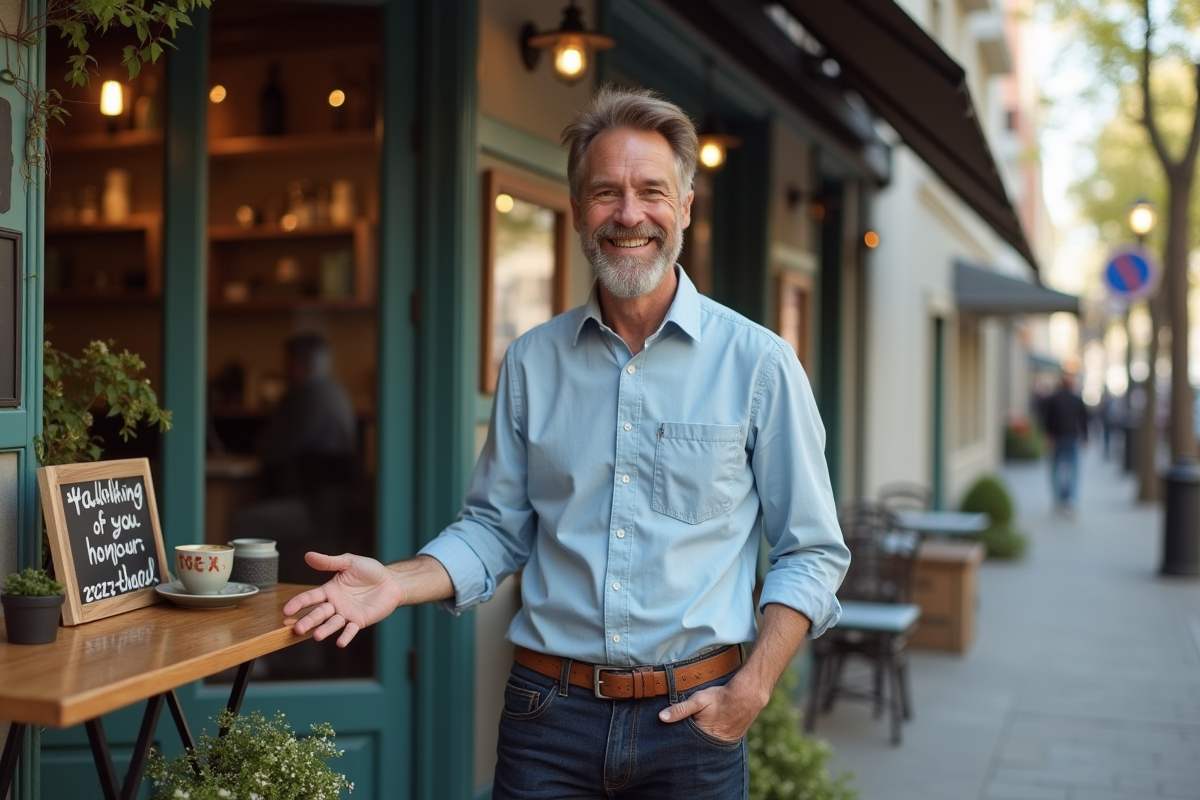Homme souriant devant un café de rue en ville