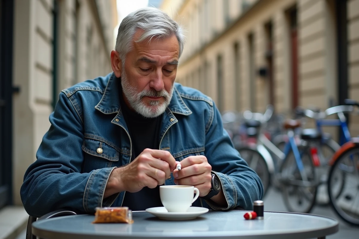 Homme roulant une cigarette en terrasse avec un paquet de tabac Camel 30g, reflétant le geste quotidien face aux hausses tarifaires de 2026