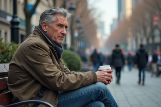Homme d'âge moyen assis sur un banc urbain pensif