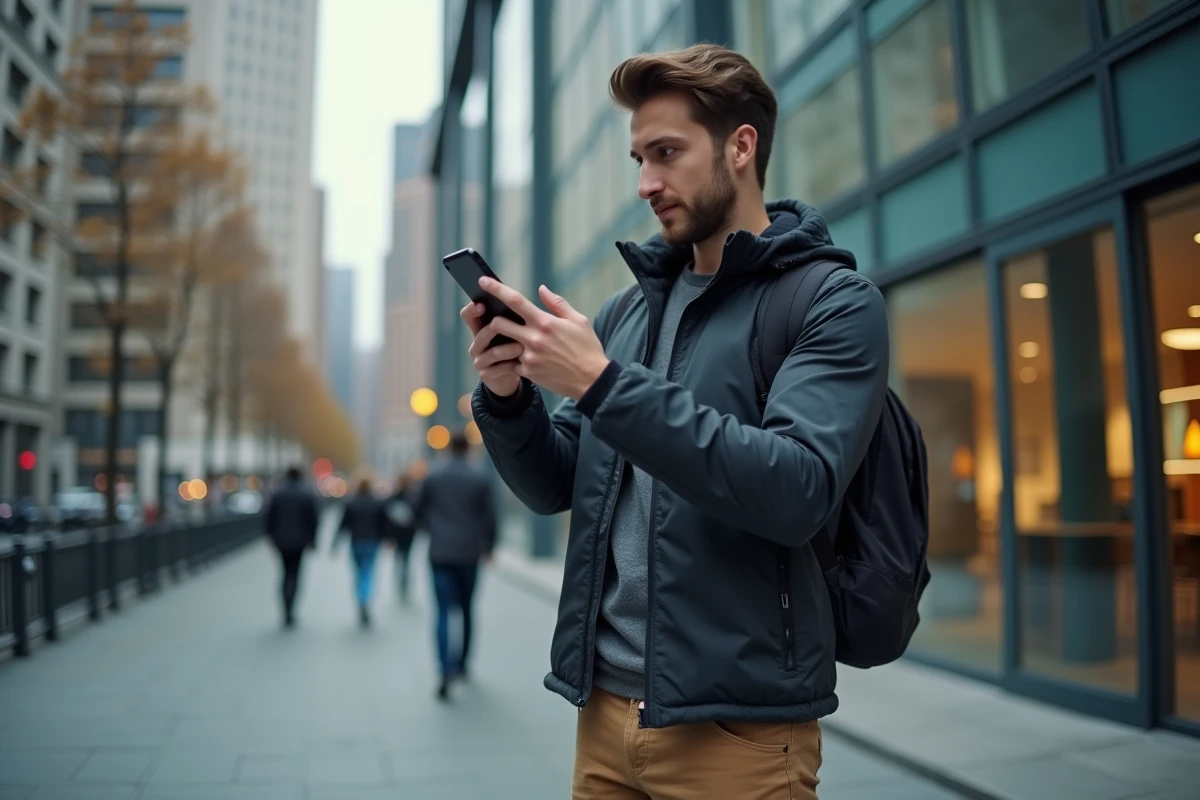Homme vérifiant un colis dans la ville avec son smartphone