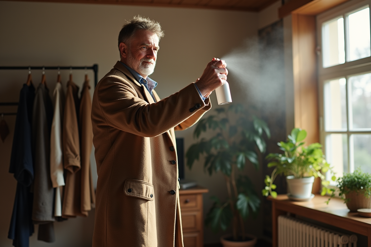Homme désinfectant un manteau vintage dans un salon lumineux