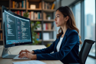 Ingénieure confiante travaillant sur un code complexe dans un bureau moderne
