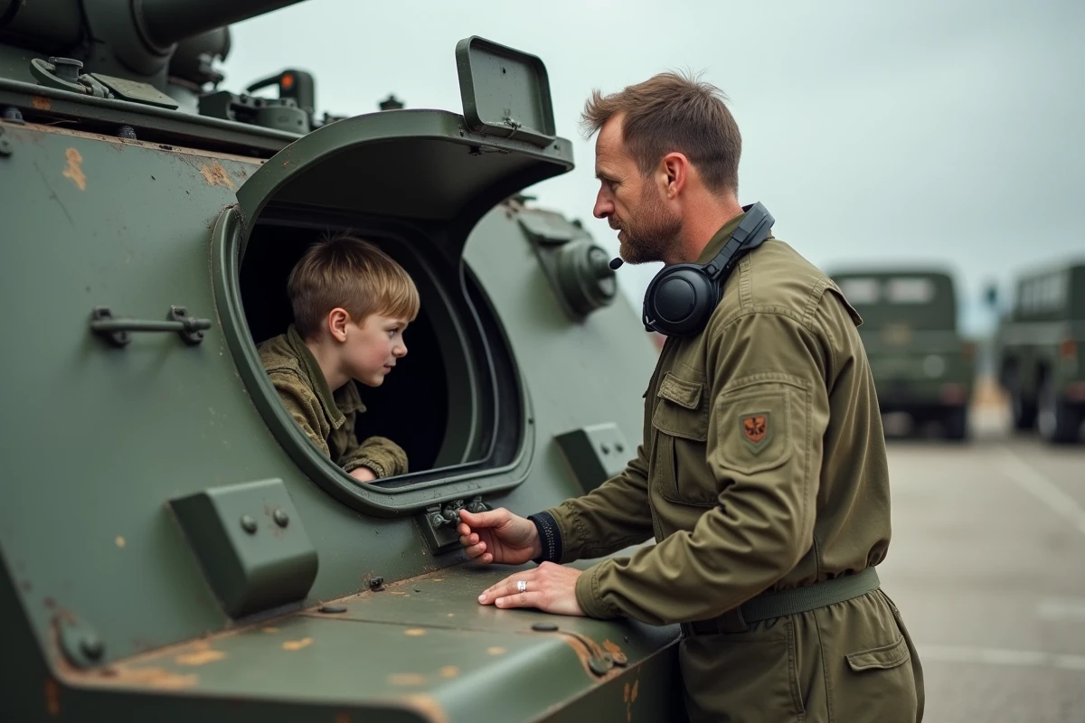 Instructeur militaire formant un équipier au poste de commandant du char Leclerc lors d'un entraînement pratique