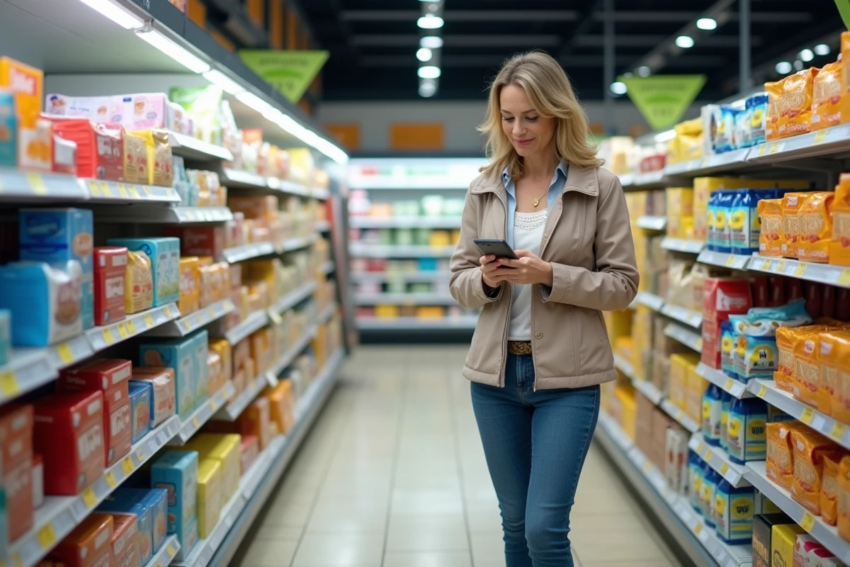 Cliente explorant les rayons bien achalandés d'un Lidl nouvellement ouvert avec des prix affichés clairement