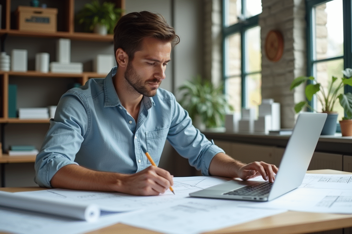 Jeune homme dessinant des plans architecturaux au bureau