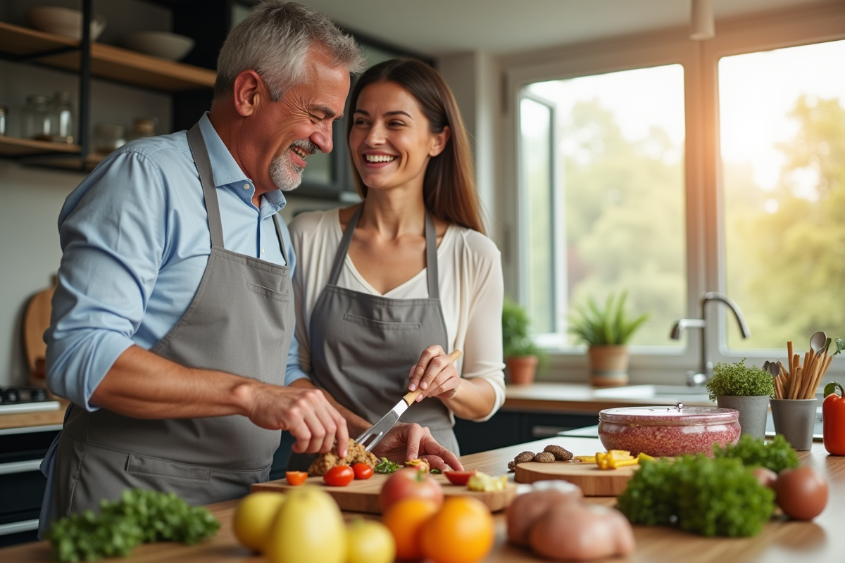 Jeune couple cuisinant ensemble dans une cuisine lumineuse