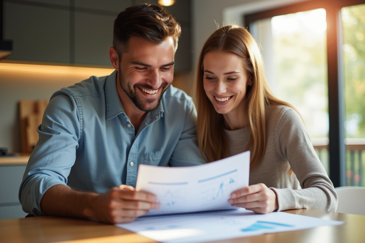 Jeune couple souriant examinant des documents immobiliers