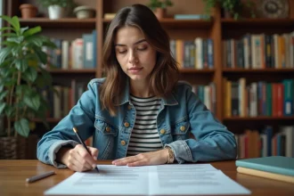 Jeune femme en denim annotant une feuille de paroles