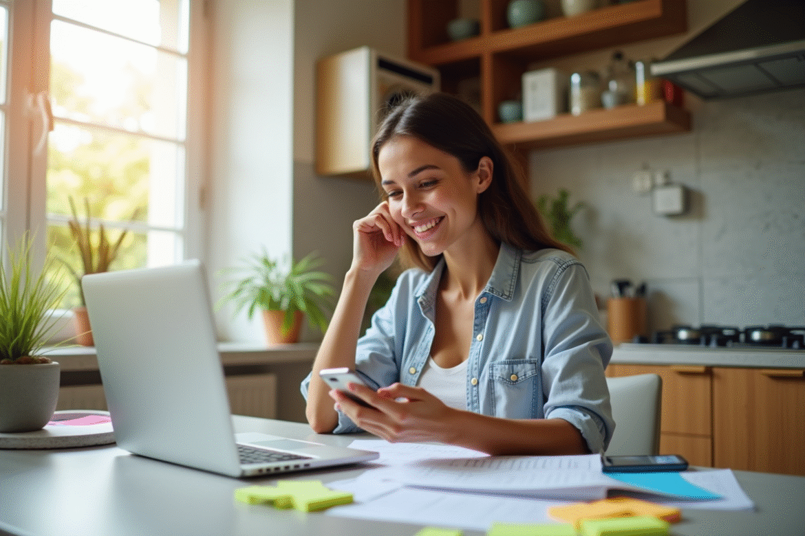 Jeune femme organisée à la maison avec ordinateur et notes