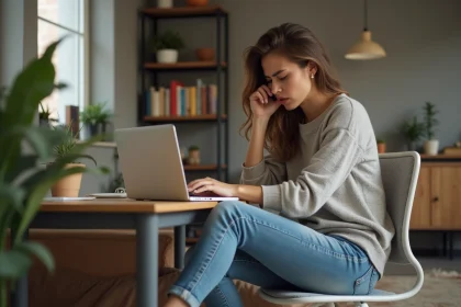 Jeune femme concentrée devant son ordinateur dans un appartement cosy
