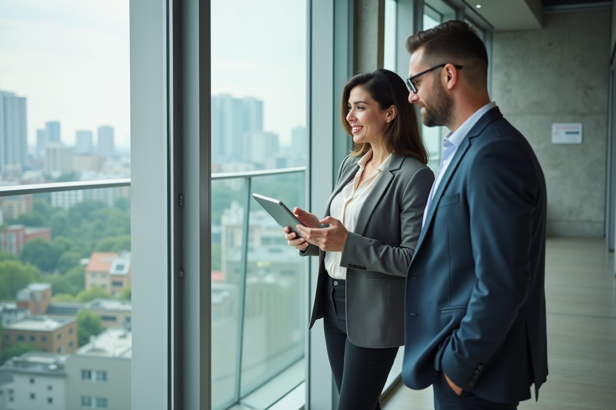 Jeune femme professionnelle avec tablette dans bureau moderne