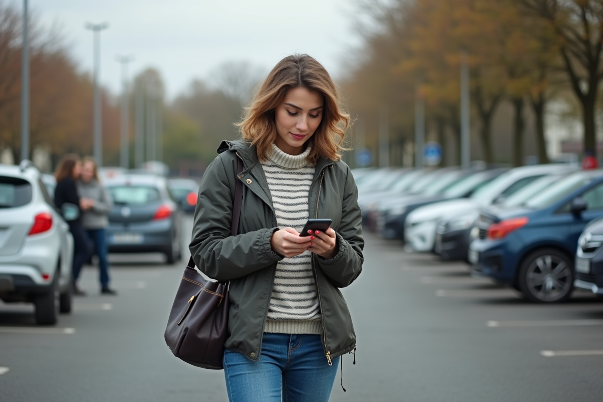 Jeune femme vérifiant une application de covoiturage dans un parking