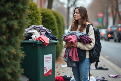 Jeune femme devant un bac de dons de vêtements débordant