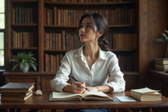 Jeune femme pensante esquissant un graphique dans un bureau vintage