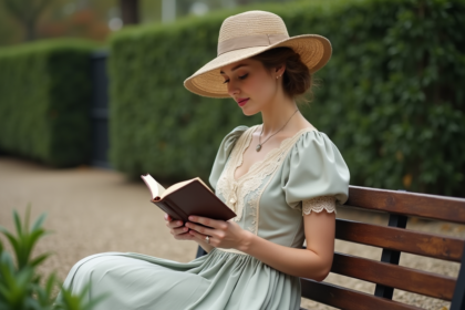 Jeune femme en robe élégante 1910 dans un parc urbain