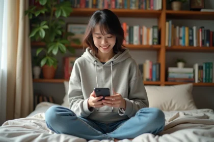 Jeune femme souriante lisant manga sur son smartphone dans une chambre cosy
