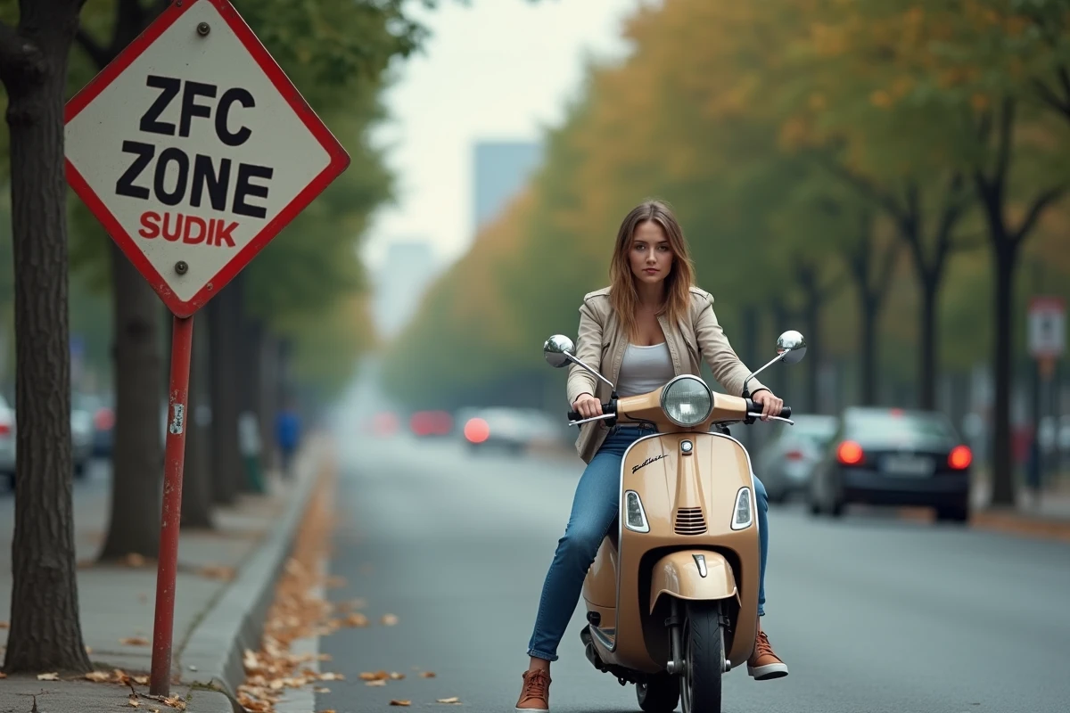 Jeune femme en scooter près d un panneau ZFE en ville