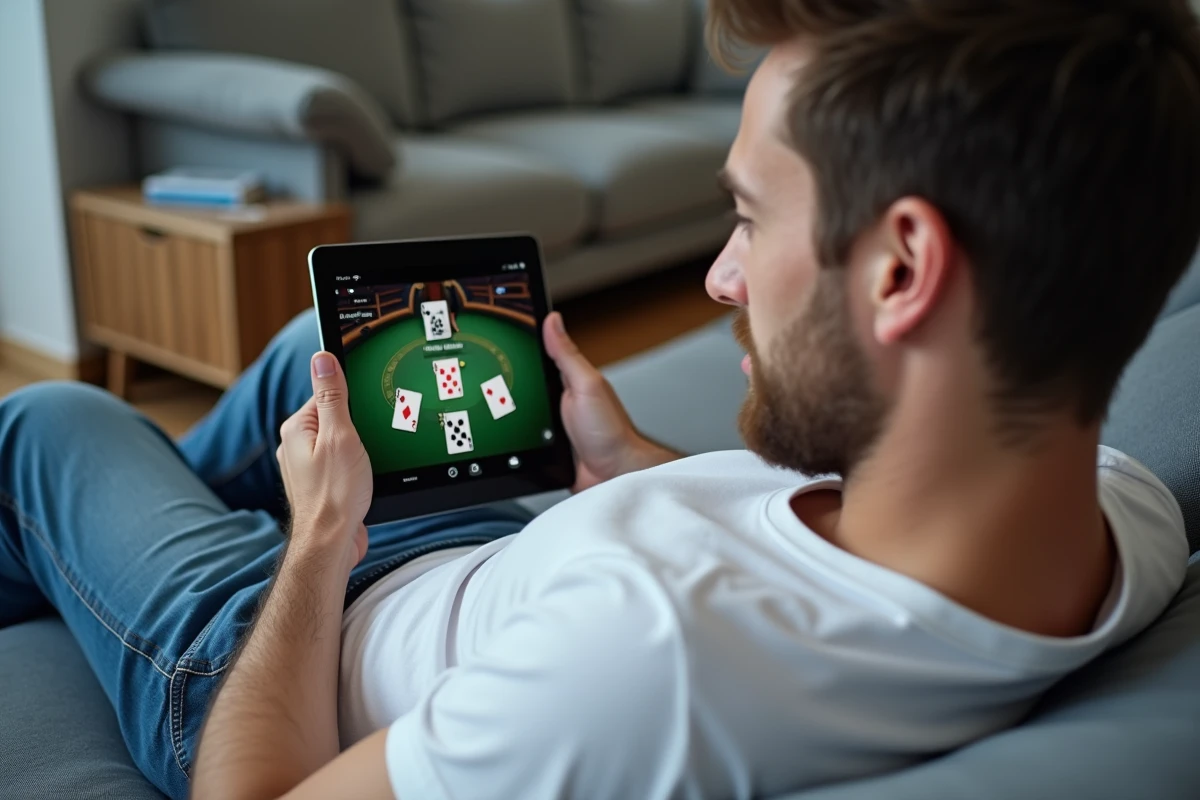 Jeune homme jouant à la belote en ligne sur une tablette allongé sur un canapé moderne
