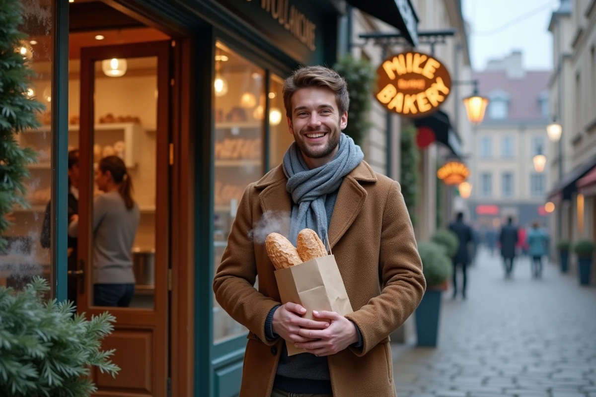 Jeune homme souriant avec sac de pain devant une boulangerie artisanale