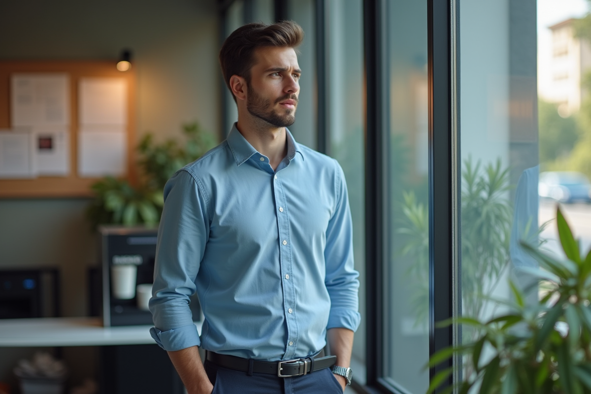 Jeune homme pensif dans la salle de pause