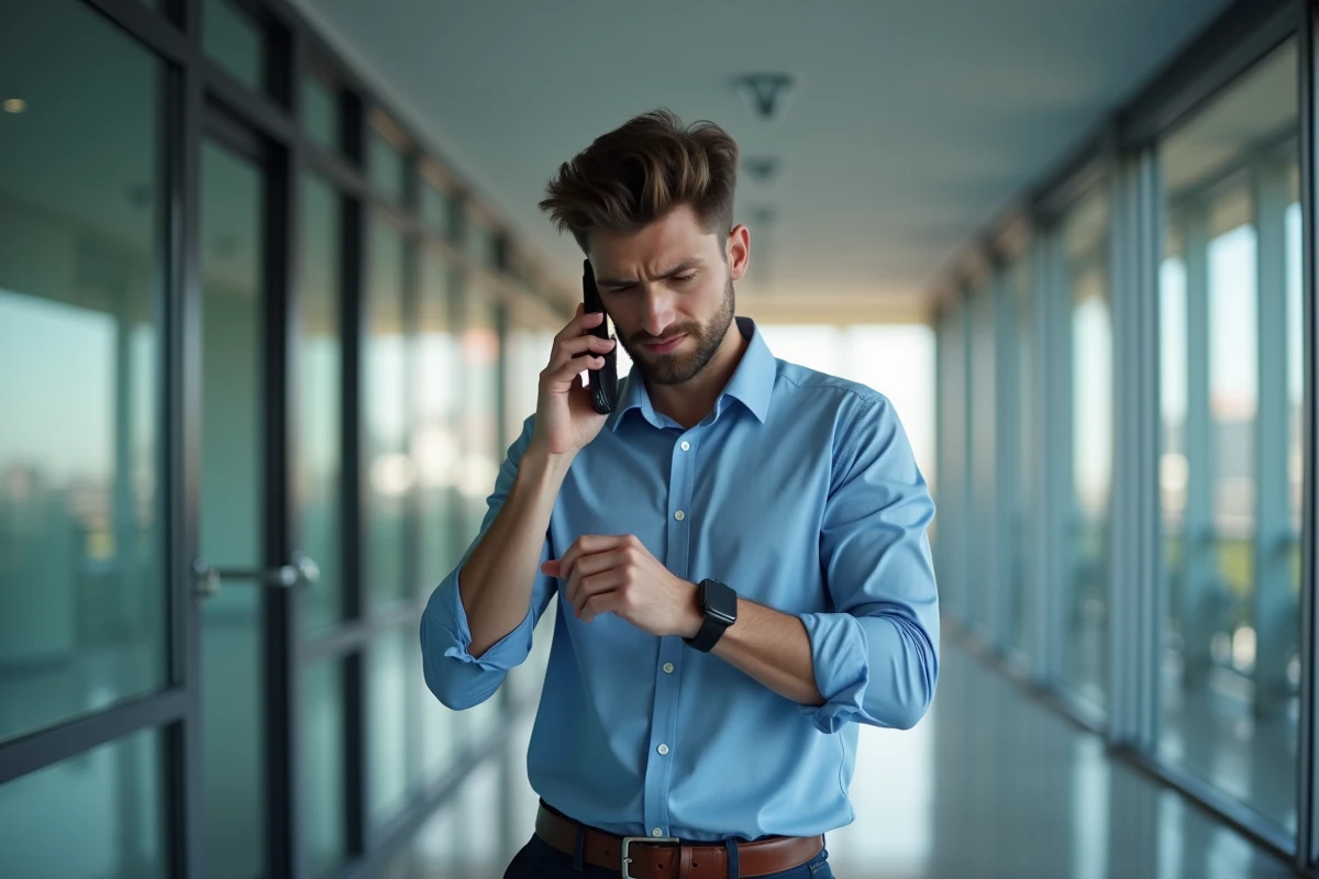 Jeune homme au bureau vérifiant son horloge