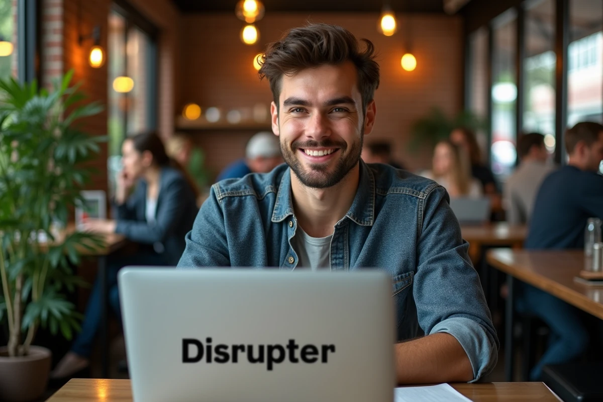 Jeune homme au café avec ordinateur affichant disrupter