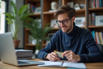 Jeune homme examine une carte Pokemon holographique dans un bureau lumineux
