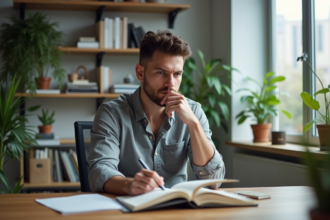 Jeune homme concentré lisant dans un bureau lumineux