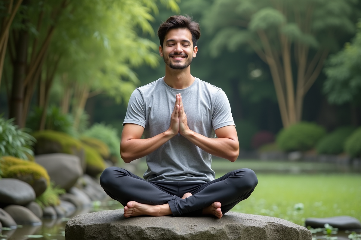 Jeune homme en yoga avec mudra dans un jardin paisible