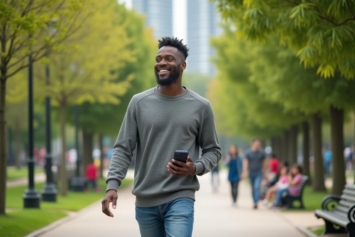 Jeune homme noir dans un parc urbain en promenade