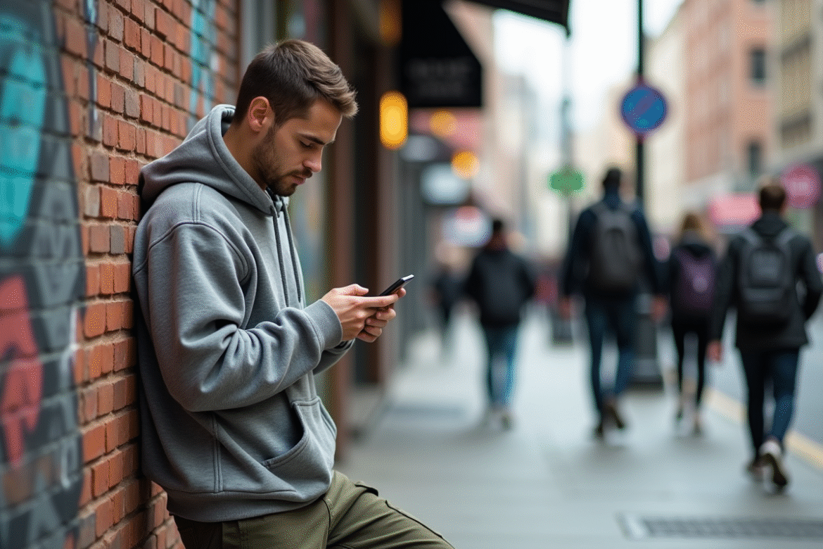 Jeune homme en streetwear dans une rue urbaine dynamique