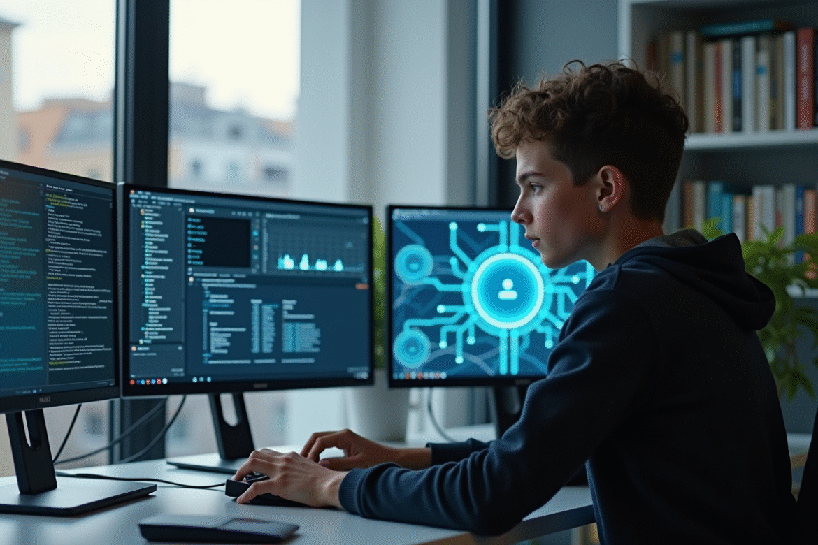 Jeune personne concentrée devant deux écrans en sécurité informatique