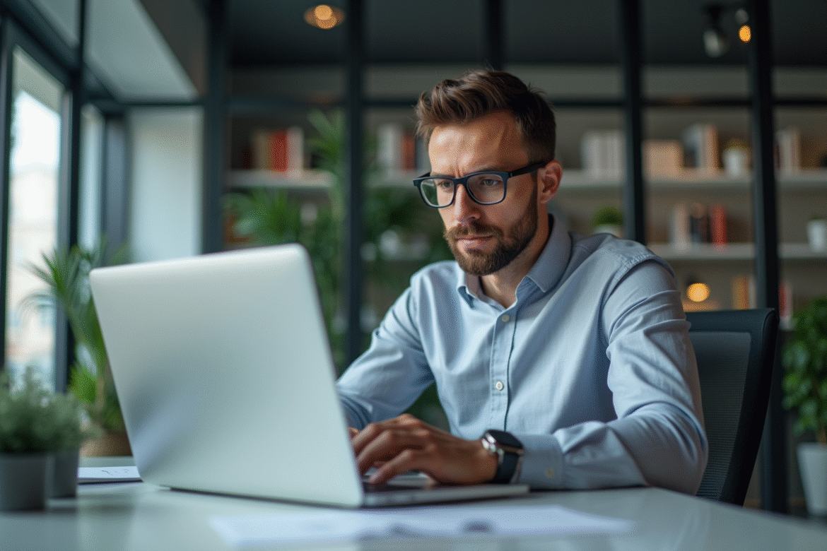 Jeune homme professionnel analysant des données sur un ordinateur