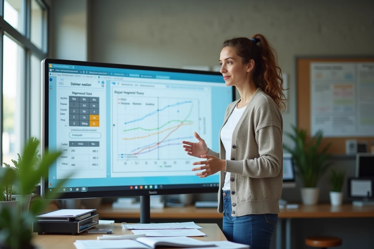 Jeune femme chercheuse expliquant devant tableau interactif