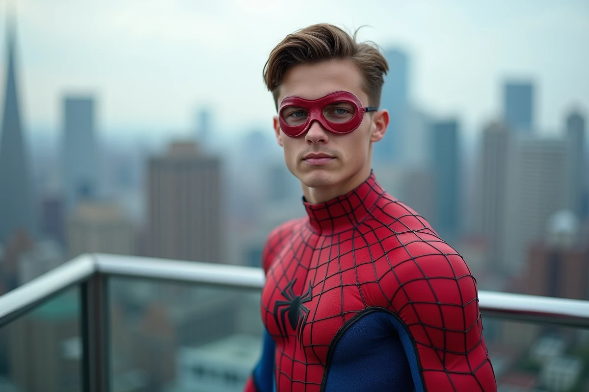 Jeune super-héros en costume Spider-Man sur un toit urbain avec vue sur les gratte-ciels, figure du héros adolescent réinventée dans Avengers