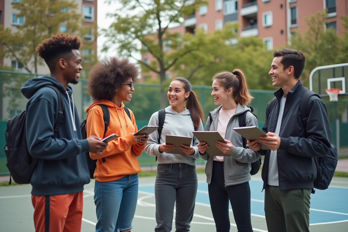 Jeunes planifiant un projet communautaire sur un terrain de basket