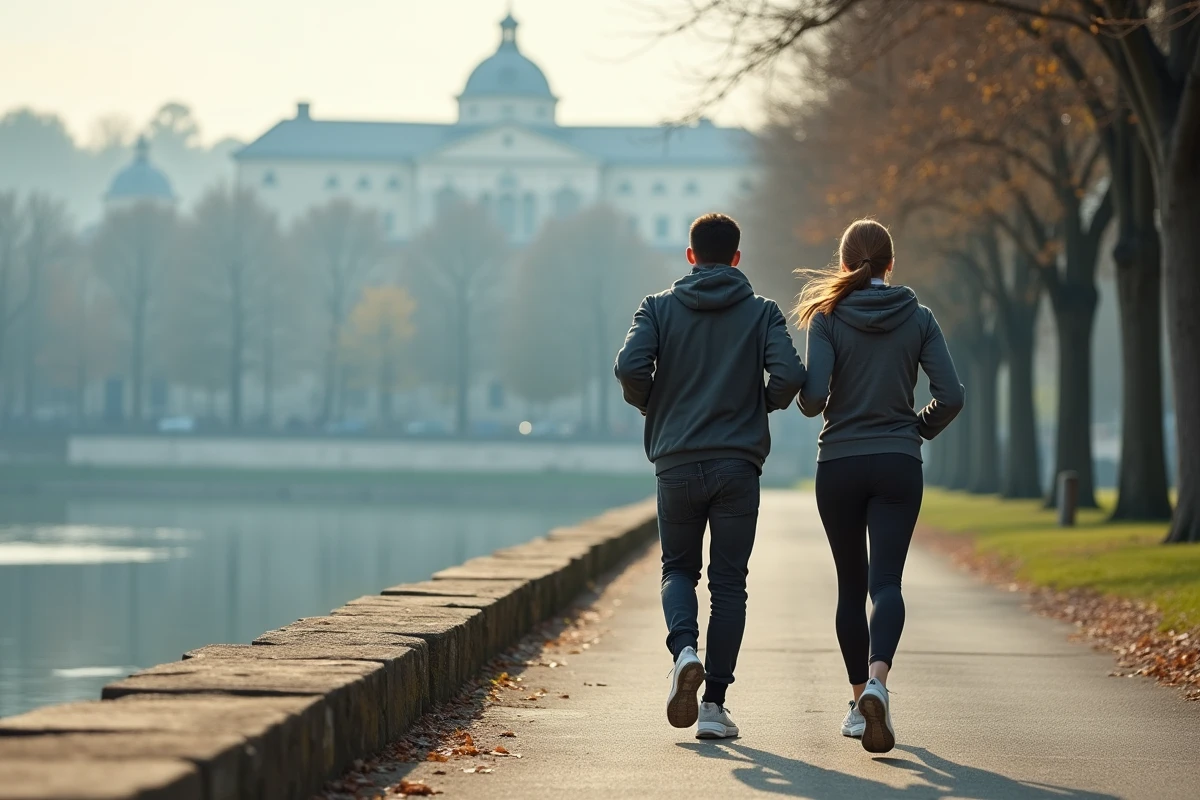 Couple faisant du jogging sur les quais du Rhône à Lyon lors d'un paisible dimanche matin