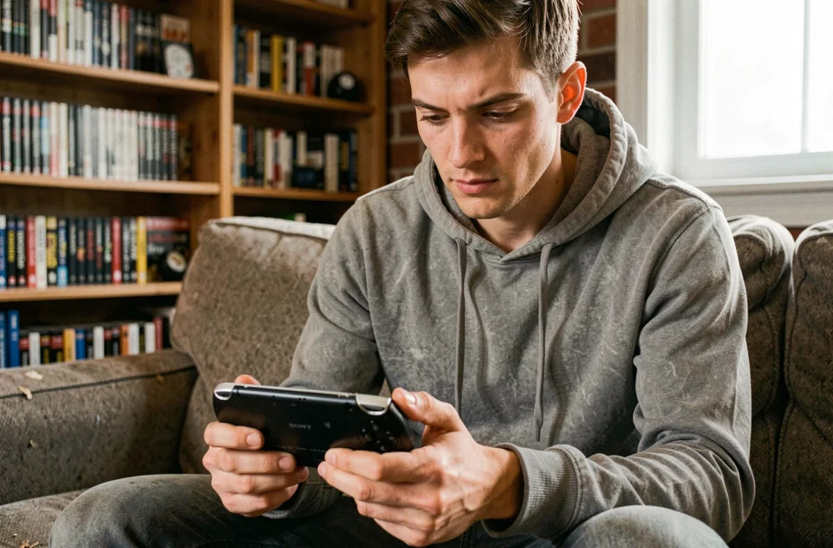 Jeune homme jouant à une PSP Sony sur un canapé dans un salon confortable en 2026