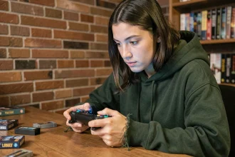 Joueuse découvrant une clé secrète dans Hollow Knight Silksong sur console portable
