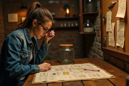 Joueuse concentrée résolvant des énigmes dans une salle d'escape game avec des indices épinglés sur un tableau